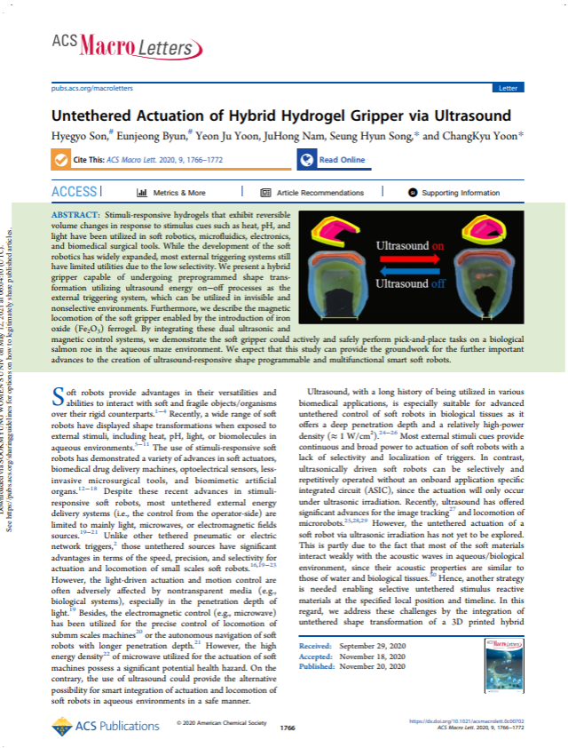 [2020] Untethered Actuation of Hybrid Hydrogel Gripper via Ultrasound 첨부 이미지