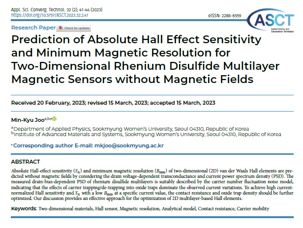 Prediction of Absolute Hall Effect Sensitivity and Minimum Magnetic Resolution for Two-Dimensional Rhenium Disulfide Multilayer Magnetic Sensors without Magnetic Fields 첨부 이미지