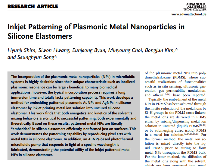Inkjet Patterning of Plasmonic Metal Nanoparticles in Silicone Elastomers 첨부 이미지